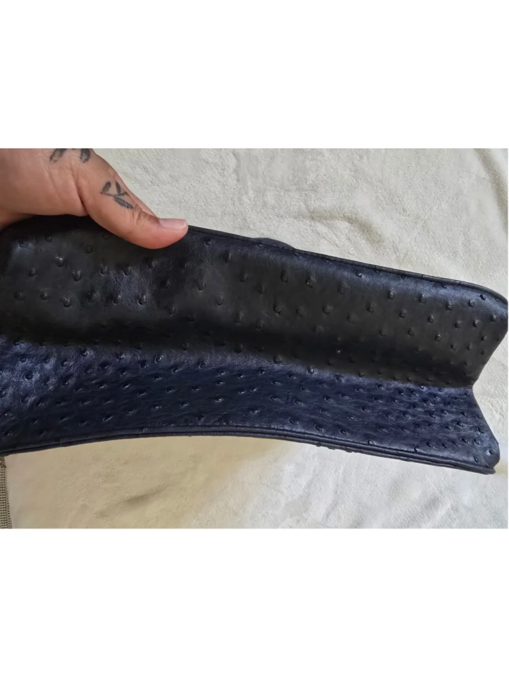 Genuine Leather Ostrich Embossed Birkin Style Top Handle Satchel Black-Navy Gold